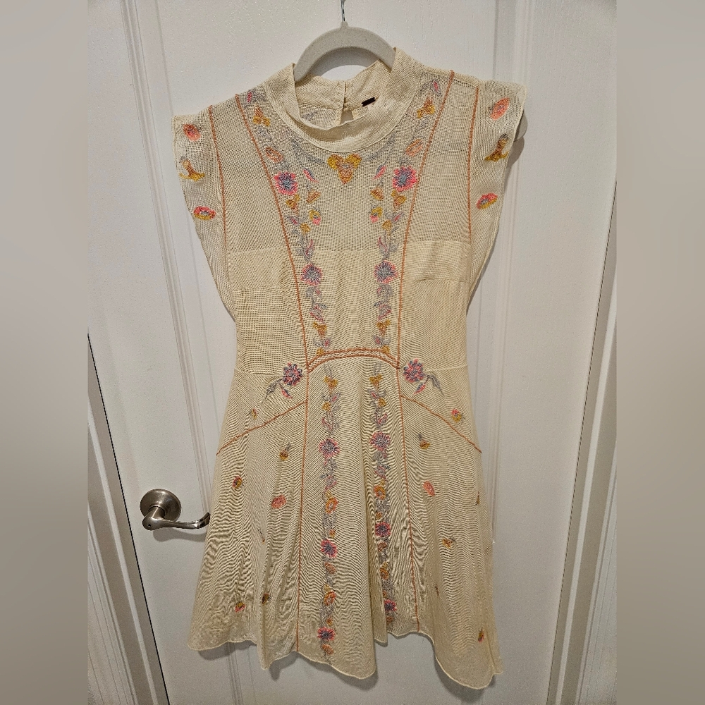 Free People Cream Embroidered Gauze Boho Dress Size 8
